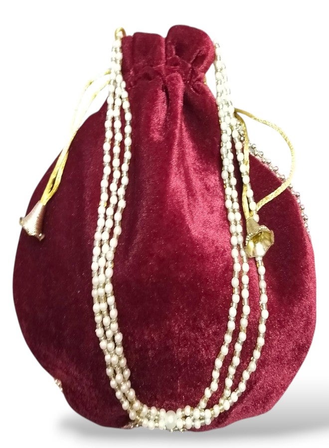 SUMERA WARQ Velvet Potli Bag, Red with Gold Embellishments and Pearl Detailing, Traditional Women's Handbag - Image 2
